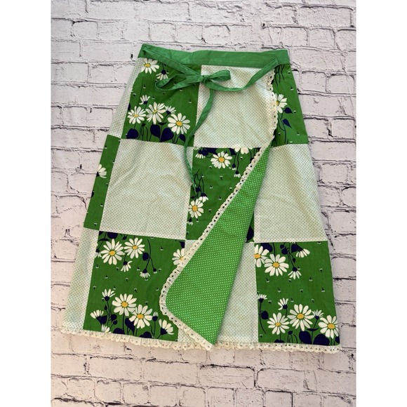 Vintage 70s Lace Trim Daisy Polka Dot White Green Tones Reversible Wrap‎ Skirt - Picture 1 of 16